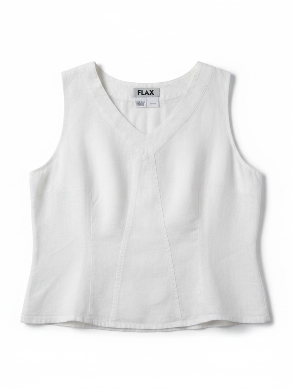 FLAX brand white linen v-neck tank top w/center front seam detail size small